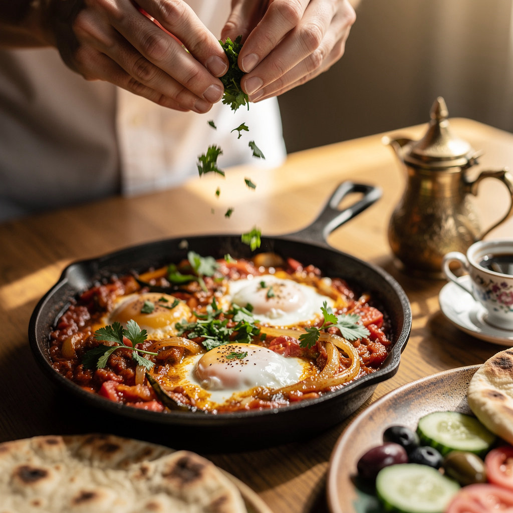 Cafe Des Amis signature Middle Eastern breakfast dishes including shakshuka, Arabic coffee, and Palestinian breakfast in Sheffield
